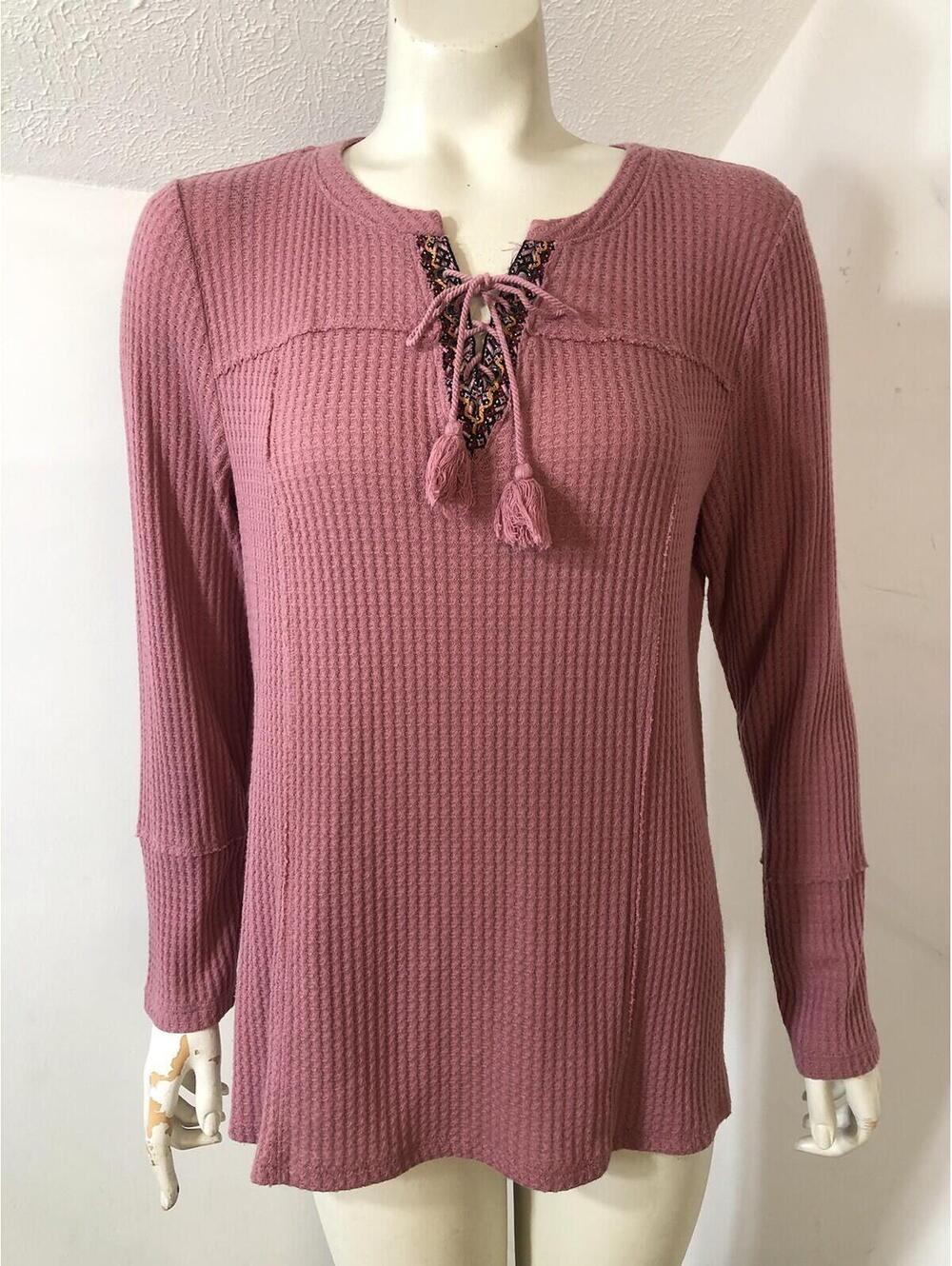 Style Co Womens Large Top Boho Peasant Mauve Thermal Knit Embroidered V Neck